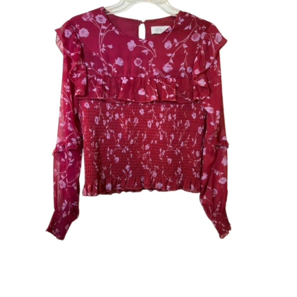WAYF Floral Smocked Blouse Burgundy Pink Chiffon Ruffle Long Sleeve Medium